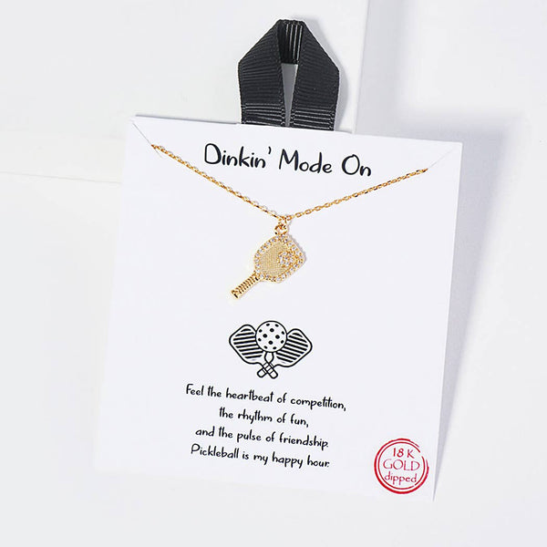 Dinkin Mode On pickleball cubic zirconia dainty charm neckla